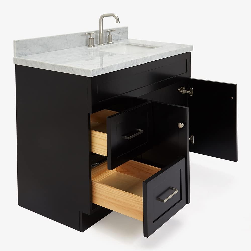 DKB Bradford 42" Black Single Bathroom Vanity with Rectangular Sink, 1.5" Edge Italian Carrara Marble Countertop, Solid Wood Frame, 2 Soft-Closing Doors, 2 Dovetail Drawers, Brushed Nickel