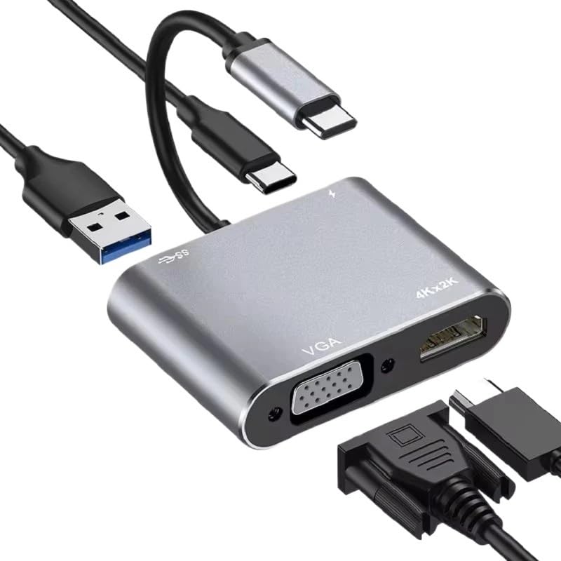 USB C to HDMI-Compatible VGA t2y>pe-c Digital AV Multiport Adapter 3 Converter to 4K 1080P Fast(Gray 4 in 1)
