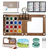 Osctor Watercolor Paint Set, Mini Watercolor Travel Kit Wooden Palette with 24 Color, Brush, Sketchbook, Metal Clip, Water Cup for Adults Painting Enthusiasts