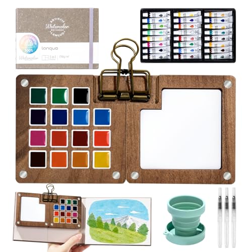 Osctor Watercolor Paint Set, Mini Watercolor Travel Kit Wooden Palette with 24 Color, Brush, Sketchbook, Metal Clip, Water Cup for Adults Painting Enthusiasts