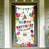 Kids Birthday Party Decorations, Colorful Balloons Present Happy Birthday Door Cover Washable Fabric