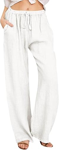 Didadihu Pantalon Femme Lin - Pantalon Fluide et Large pour l'Été, Taille Élasti