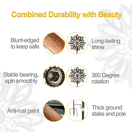 Delun Solar Metal Wind Spinner With Led Light, Kinetic Garden Wind Spinners With Stake For Lawn Yard Outdoor (Copper & Teal 04) (H-Copper) (E-Wind Spinner) #TOP3