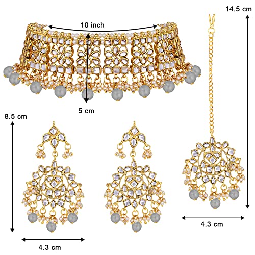 Image of Aheli Elegant Indian Faux Kundan Studded Choker Necklace with Maang Tikka Set Ethnic Wedding Wear Bharatanatyam jewellery set Gift for Women