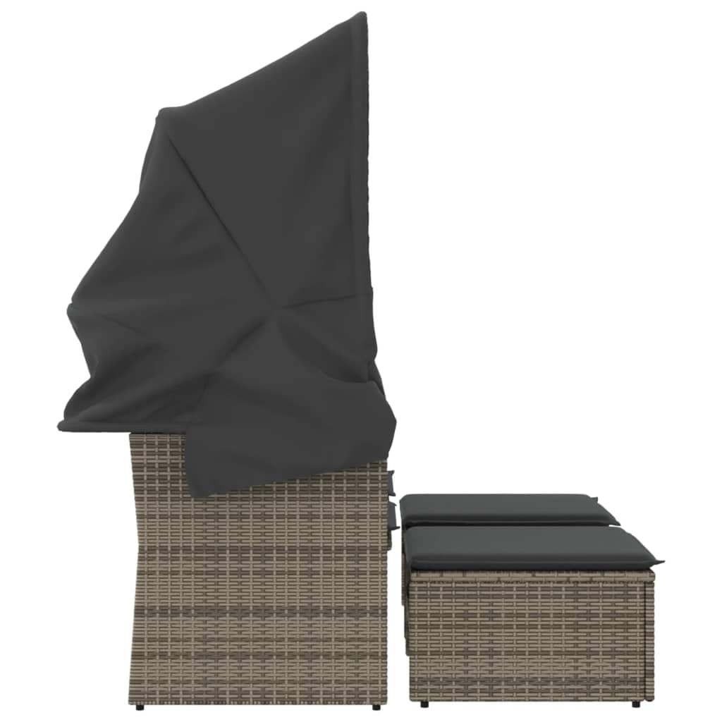 Divano da Giardino 2 Posti in Rattan con Tettuccio e 2 Poggiapiedi | Set modulare da esterno per terrazzo e giardino con tavolino integrato, cuscini sfoderabili e pouf salvaspazio.
