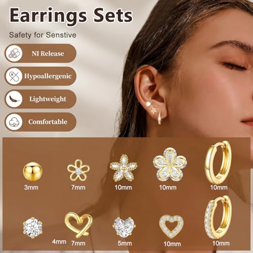 Image of SANNIDHI 12 Pairs Earrings Set for Women Gold Rhinestones Studs Flowers Hearts Butterfly Hoop Earring Hypoallergenic Stainless Steel Flat Back Earrings Cartilage Earring Combo for Multiple Piercing