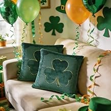 dadop St. Patricks Day Pillow Covers 18x18 Inch Set of 2 Decorations, Green Shamrock Soft Plush Faux Fur Jacquard Throw Pillowcase Home Decor for Saint Patricks Day Gold Seams