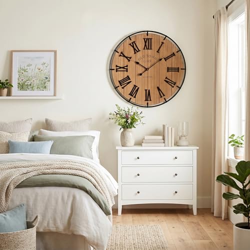 Image of EMAX HOME Inch Large Farmhouse Wall Clock, 3D Raised Roman Numerals on Wooden Background, Silent Quartz Movement, Black Metal Frame for Easy Reading in Entryway, Hallway, or Dining Room