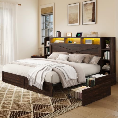 Image of AMERLIFE 45'' Farmhouse Queen Bed Frame with Headboard & Storage, Walnut