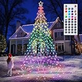 Lomotech RGB Color Changing Christmas Tree Lights - 10Ft 404 LED with 7.08' Topper, Remote Controll Waterproof Iron Pole Waterfall Holiday Tree Lights for Outdoor Christmas Decorations