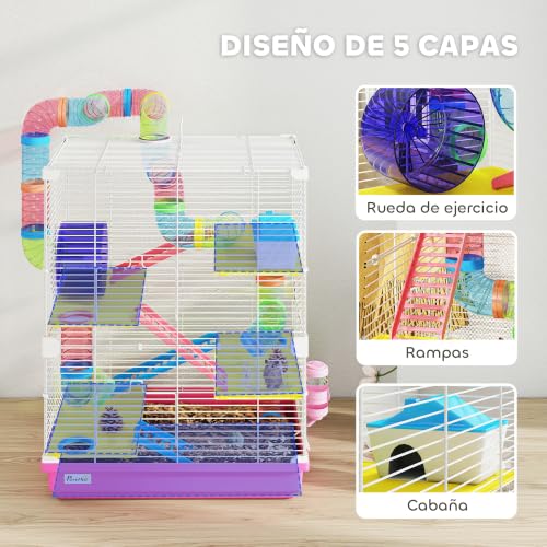 Miniatura 5 de Pawhut Jaula Para Hámster De 5 Niveles Con Túnel Jerbos 46x30x58 Cm Rosa