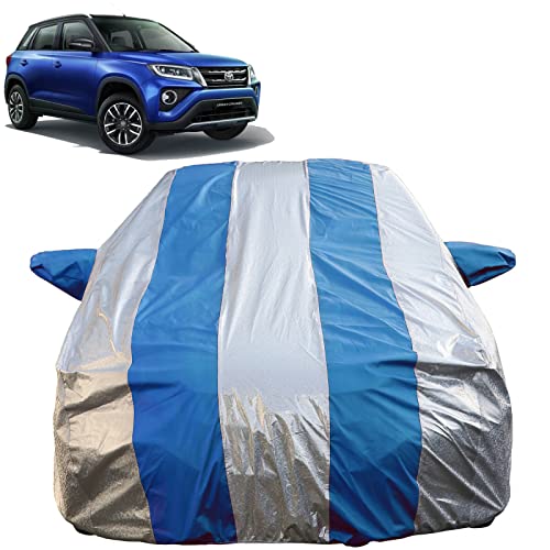 Image of Autofact Waterproof Car Body Cover Compatible with Toyota Urban Cruiser with Mirror Pockets (Blue Stripes with Shinning Silver Fabric /Waterproof Cover)