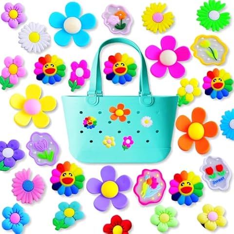 Eswala Charms for Bogg Bag Accessories Flower Charms 30pack Random Color Cute PVC Rubber Beach Bag Charms Decoration,Bag Charms for Handbags Tote bags Girls Women Flower Charms Cover