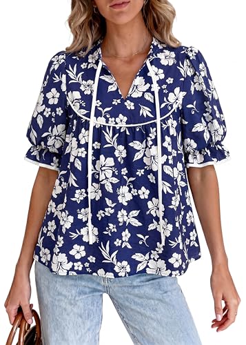 PRETTYGARDEN Womens Summer Tops 2026 Cute Puff Sleeve Ruffle V Neck Babydoll T-Shirts Boho Floral Fall Peplum Shirts(Navy Blue White Flower,Small)