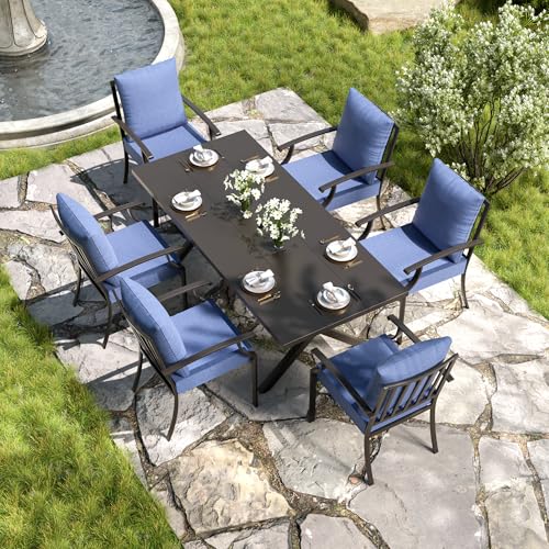 Kullavik 7 PCS Outdoor Dining Table Set for 6, Fence Pattern Back Chairs, Iron Longboard X-Leg Table w/Parasol Hole, Patio Table and Chairs Set for Backyard, Garden, Poolside-Navy