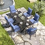 Kullavik 7 PCS Outdoor Dining Table Set for 6, Fence Pattern Back Chairs, Iron Longboard X-Leg Table w/Parasol Hole, Patio Table and Chairs Set for Backyard, Garden, Poolside-Navy