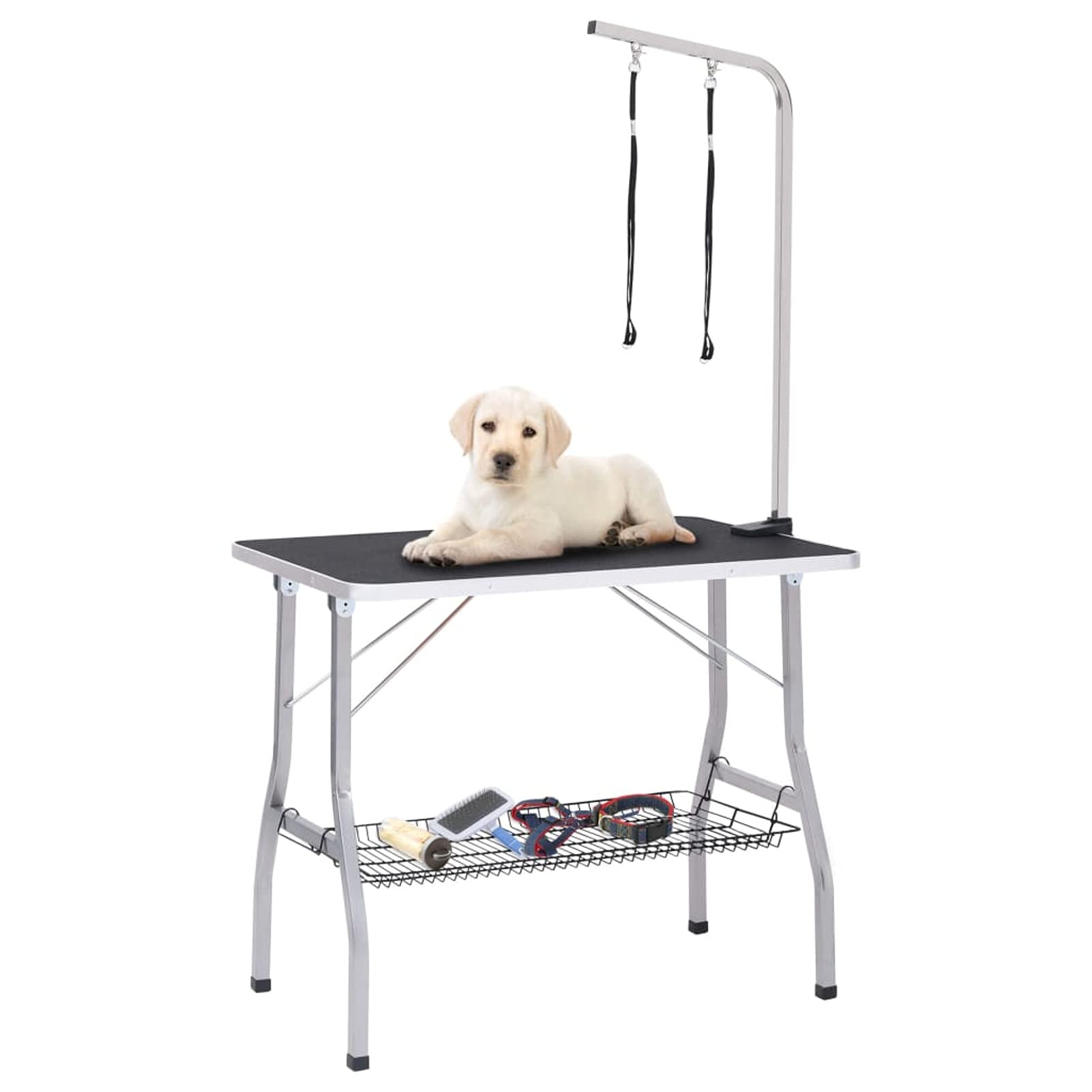 BAZZI Mesa de corte ajustable para perros, mesa de aseo con 2 trabillas y cesta, tocador, mesa de peluquería para perros, tocador para mascotas, peluquería para perros con ruedas