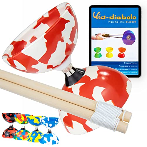Juggle Dream Jester Diabolo Set de Jonglage avec Diabolo à roulement à Billes, Baguettes en Bois et Vidéo d'apprentissage en Ligne (Rouge/Blanc)