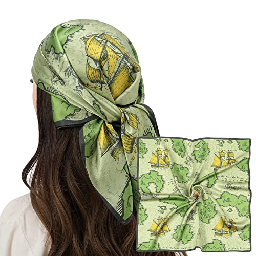 RIIQIICHY 100% Silk Scarf Head Scarf for Women Hair Scarf for Sleeping Hair Wrapping at Night Square Neck Scarves 27" x 27" 27"-green-sailboat