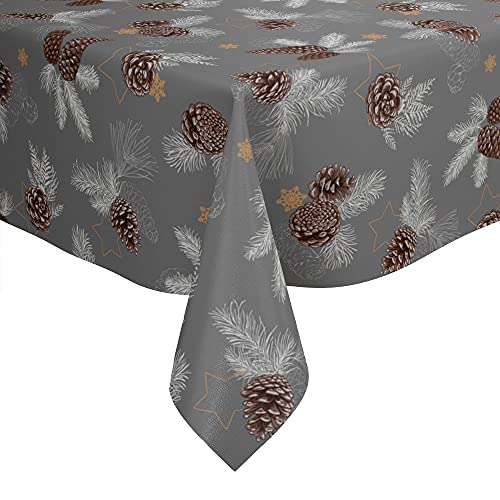 Karina Home Christmas Pine Cones Brown and Grey PVC Vinyl Wipe Clean Oilcloth Tablecloth (Brown & Grey, 200cm x 140cm)
