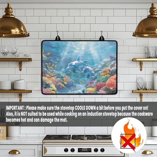Image of Induction Stove Top Cover Protector Multipurpose Flat Top Stove Cover Mat Universal Stove Top Cover for Electric Anti-Scratching Cooktop Mat, 29 x 21 Inch, Dolphin Coral Reef Print