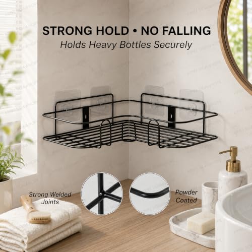 Image of Nieifi KIMEE Set of 2 Metal Bathroom Corner Shelf | Rustproof No-Drill Self Adhesive Wall Mounted Storage Rack for Bathroom and Kitchen | Heavy Duty Shower Caddy Organizer, 8 and 9 Inch, Black
