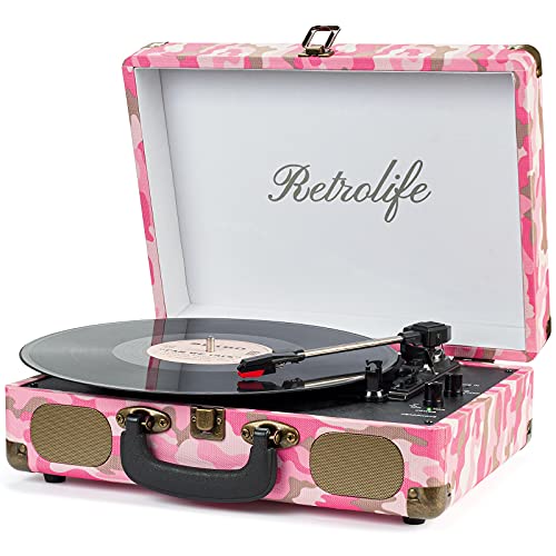 Image of Vinyl Record Player 3-Speed Bluetooth Portable Suitcase Belt-Driven Record Player with Built-in Speakers RCA Line Out AUX in Headphone Jack Vintage Turntable Pink