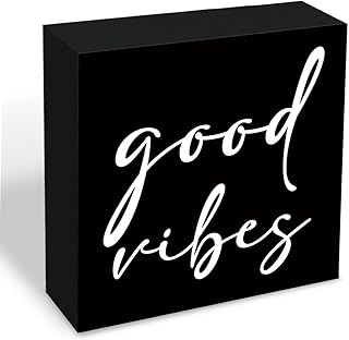 Home Wooden Sign Good Vibes Wooden Sign Home Decor Simple And High-End Rustic Farmhouse Style Tabletop Decor For Living Room Bedroom Minimalist Square Design Natural Solid Wood Durable 5.1x5.1 Inch