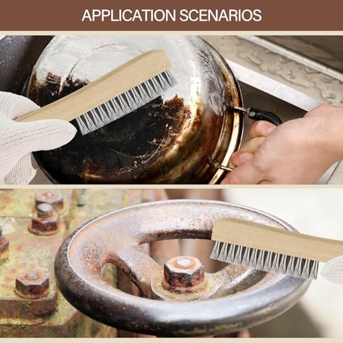 Image of Heavy Duty Stainless Steel Wire Brush, 1Pcs 10 inch | Curved Beechwood, Long Handle, Scratch Brush, For Rust, Metal, Paint, Welding, Automotive & Household Cleaning