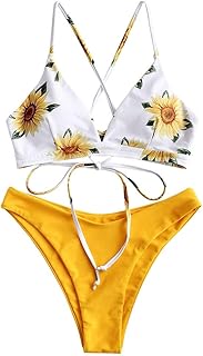 ZAFUL Conjunto de Bikini con Relleno Push Up Triangular Busto Ajustable con Tirantes Cruzados Traseros Estampado Talle Bajo