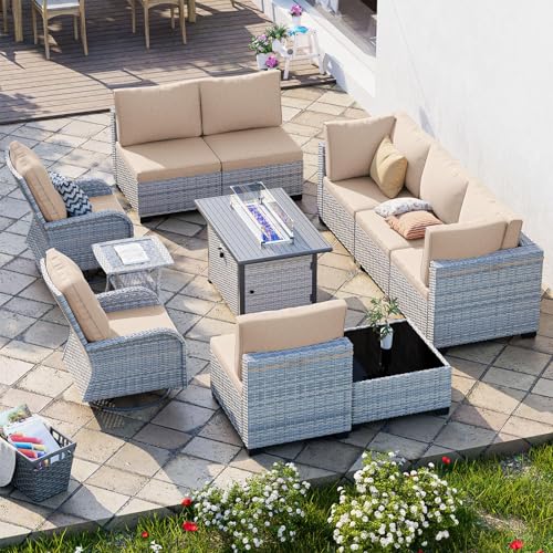 Image of 11-Piece Patio Furniture Set, Outdoor Patio Furniture with 55,000 BTU Fire Pit Table, Swivel Chairs Set, Thick Cushions, Modular Patio Sofa, Dual-Strand Wicker Rattan, Rust-Resistant Frame, Sand