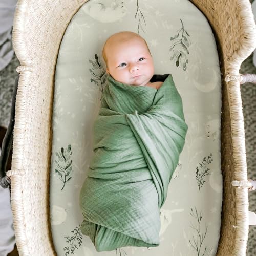 Image of GRSSDER Stretchy Ultra Soft Fitted Bassinet Sheet Set 3 Pack, Universal Fit for Bassinets Baby Cradle Moses Basket Oval Rectangle Mattress Safe and Snug, Stylish Pattren of Bear and Wolf Print