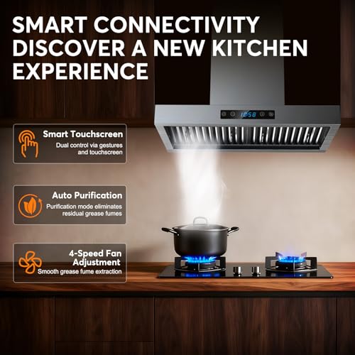 Image of 30 Inch Wall Mount Range Hood 1200CFM, 4-Speed Wall Mount Range Hood with Touch Control & Gesture Sensing Stainless Steel Kitchen Stove Vent Hoods with 2 LED Lights Luxury Series