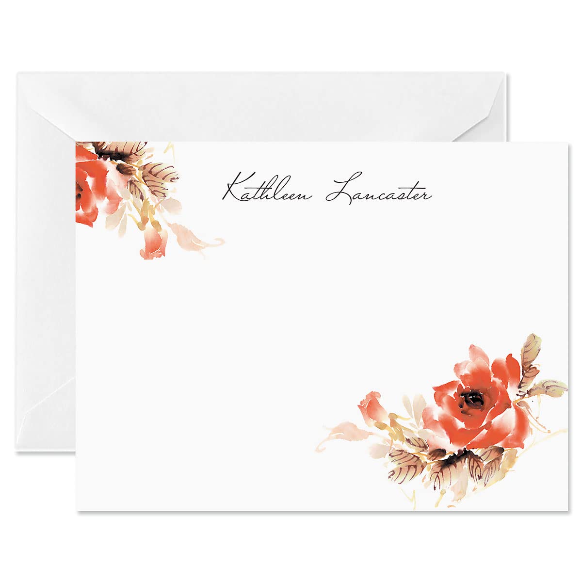 14 & Orange Watercolor Flowers Personalized Flat Note Cards – 4⅛ inches x 5½ inches, Elegant Heavyweight Stock, Matching Envelopes, (Set of 10)