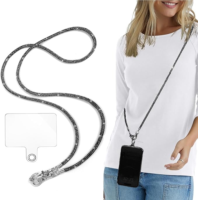 AccuPrints Sumiko Diamond Phone Lanyard Strap – Crossbody Chain Holder, Hands-Free Neck Hanging Accessory, Compatible with iPhone & All Smartphones (Black)