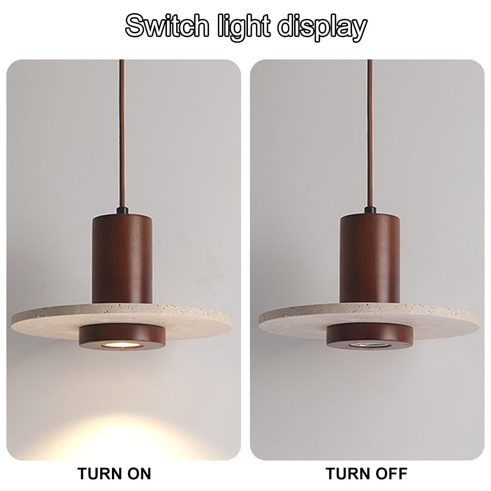 Lámpara colgante de travertino natural con cordón ajustable for colgar, lámpara colgante de madera maciza con un solo cabezal, casquillo E27 Wabi Sabi(Walnut,20cm)