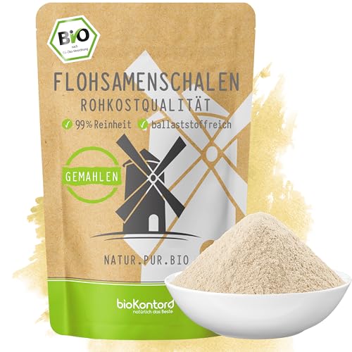 bioKontor Bio Flohsamenschalen gemahlen 1000g 1kg – Flohsamenschalen Pulver fein – Flohsamenschalenmehl 99% Reinheit – indische Flohsamen Schalen – ideal für Low Carb Backen & Getränke