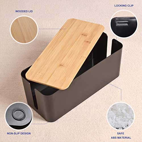 Cable Management Box - Wooden Style Large Cord Organizer Box To Hide Wires & Power Strips | Desk Computer Cable Organizer Box | Safe Abs Material |16" (L) X 6.2" (W) 5.3" (H)|For Home & Office - Black #TOP3