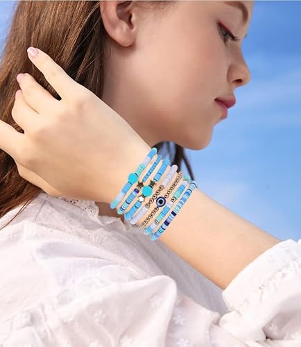 Mozaka 57Pcs Preppy Heishi Bracelets Set Colorful Heart Star Evil Eye Beaded Stretch Bracelets Clay Stackable Charm Y2K Kidcore Summer Beach Bohemian Layering Bracelets Jewelry For Women #TOP5