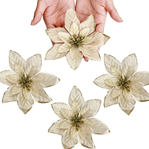 Trimgrace 12 Pack 5.9'' Golden Christmas Glitter Poinsettia Flowers Decorative Artificial Poinsettia Flowers For Christmas Wreath Tree Decoration Accessories Ornaments Crafts Decor #TOP2
