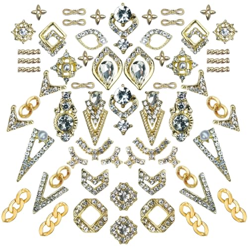qiipii 62pcs Golden Alloy Nail Charms - Luxury Rhinestones & Crystals for Nail Art