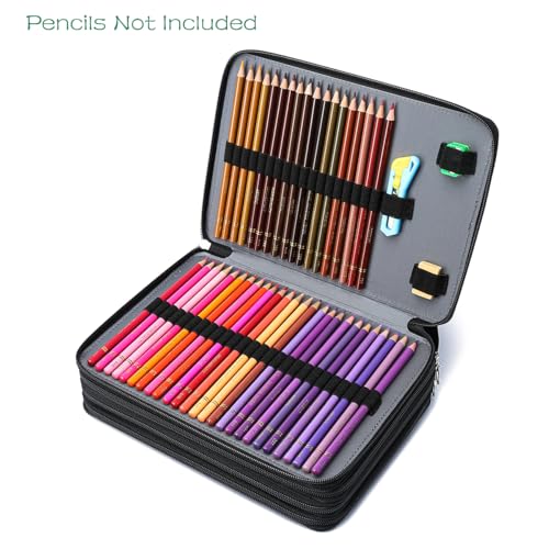 Image of YOUNGCOL 200 Slots Colored Pencil Case - Deluxe PU Leather Pencil Organizer Holder With Zipper Closure Large Pencil Box for Colored Pencils Watercolor Pencils (Black, 200 Slots)