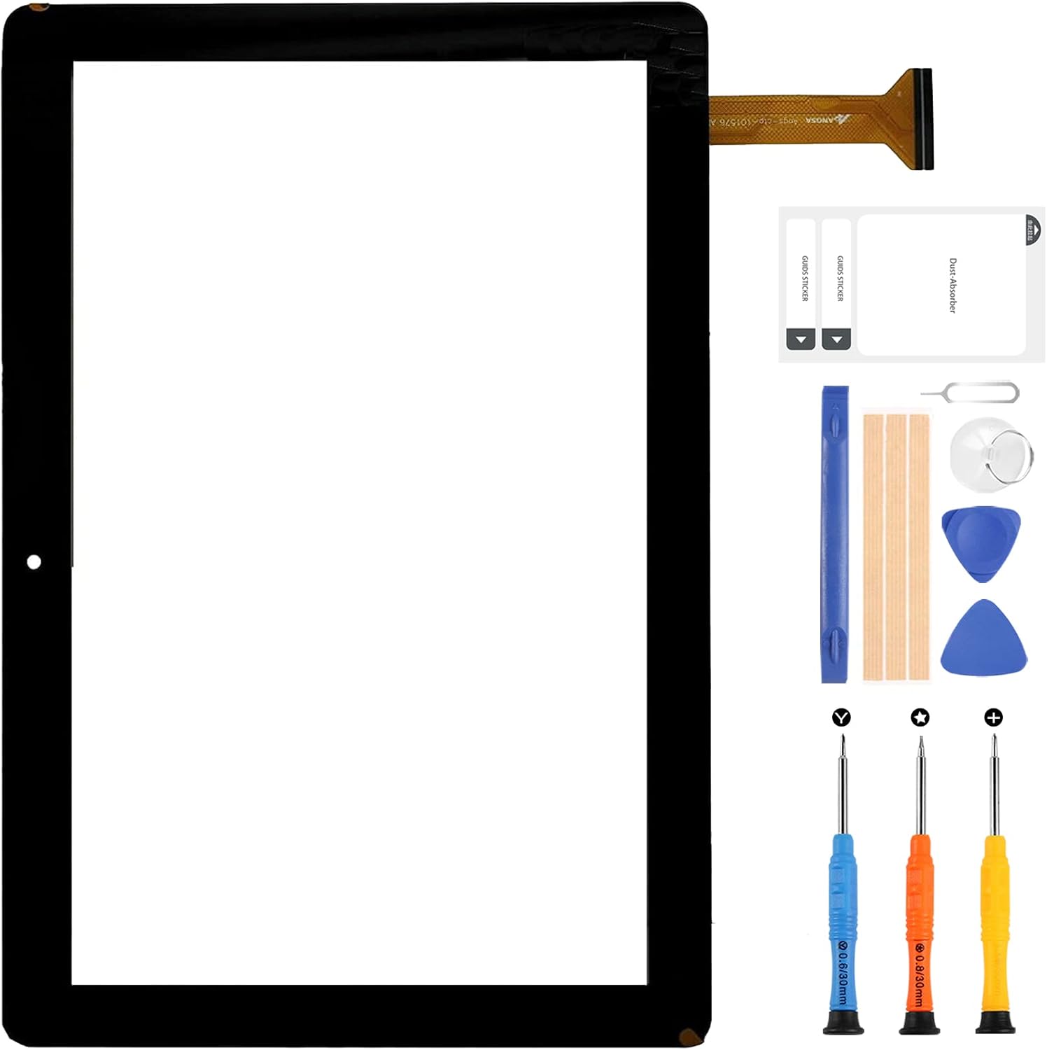 Package contents including Meberry M7 touch screen digitizer, suction cup, prying tools, card pin, adhesive tape, and screwdrivers.