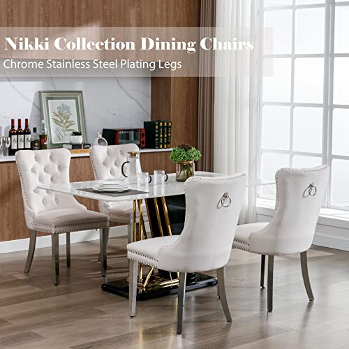 Dining Room Chairs Set Of 4, Velvet Upholstered Dining Chairs With Back Ring Pull Trim And Sliver Stainless Steel Legs,Modern Dining Chair Perfect For Dining Room,Living Room,Kitchen(Beige) #TOP6