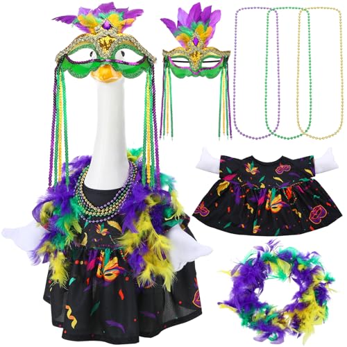Seenelling Mardi Gras Porch Goose Outfit Accessories Carnival Goose Costumes for 23 High Cement Plastic with Mask Feather Necklace Garden Yard Statue Decoration