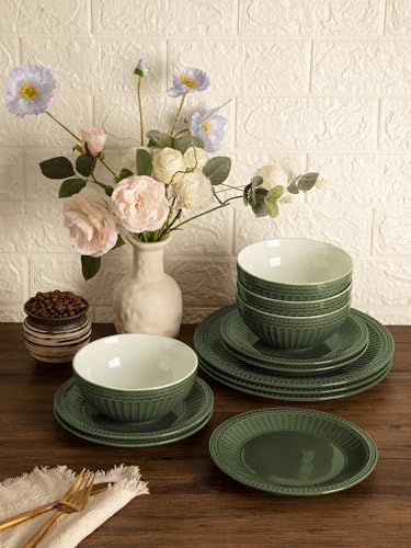 Image of Famiware Garden Plates and Bowls Sets, 18-Piece Dishes Set for 6, Scratch Resistant Kitchen Dishes Dinnerware Set - Microwave and Dishwasher Safe, Reactive Glaze and Embossed Stoneware, Dark Green