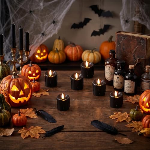 Image of Black Flameless Votive Candles Battery Operated with Remote Timer | 400 Hours Long Lasting Battery Included, LED Tealights Flickering Dripping Wax, Halloween Indoor Decor, 2 inchD x 2.5 inchH, 6 Pack