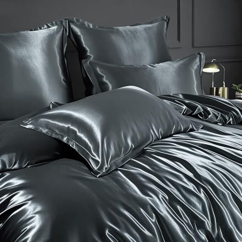 RUIKASI Satin Bettwäsche 135x200 Grau - Luxus Bettbezug mit Glanz wie Seiden Bettwäsche Set für Haar und Haut… – Ansicht 3