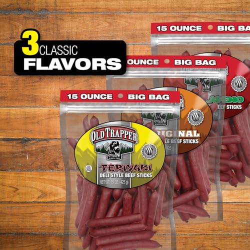 Image of Old Trapper Deli-Style Beef Sticks, Teriyaki Flavor, 15-Ounce Package, Great for On-the-Go Snacking, Six Grams of Protein and Less Than One Gram of Sugar per Serving (Pack of One) (Pack of 2)