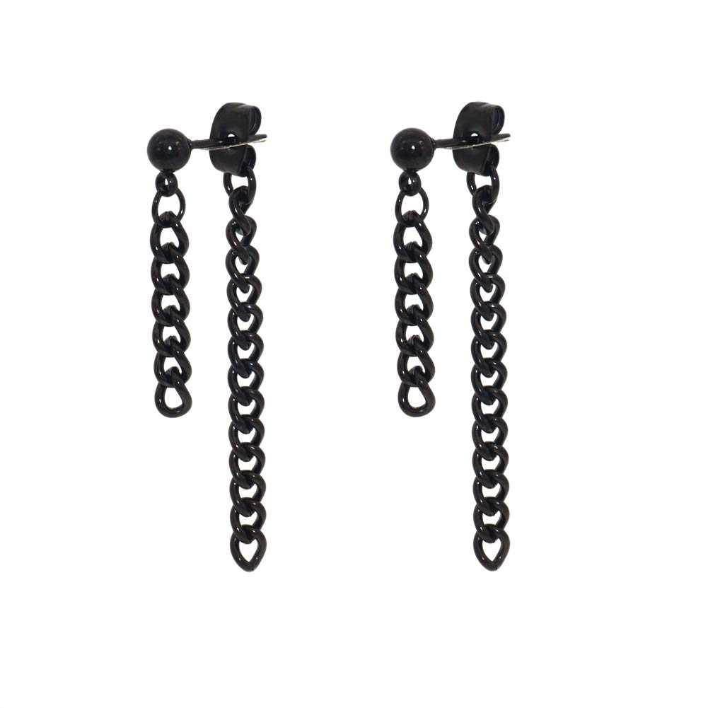 JSEAStainless Steel Double Tassel Curb Chain Long Dangle Earrings Hypoallergenic Black Silver Gold Earring